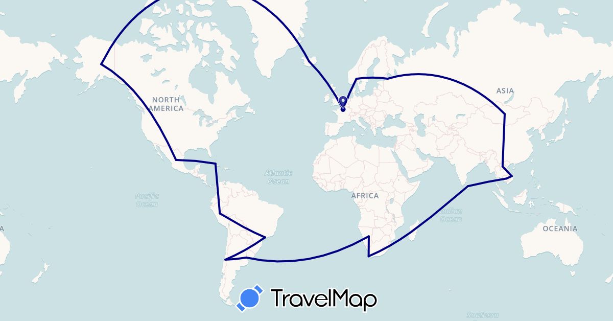 TravelMap itinerary: driving in Argentina, Brazil, Chile, China, Cuba, France, Iceland, Cambodia, Laos, Sri Lanka, Mongolia, Mexico, Namibia, Norway, Peru, Russia, United States, South Africa (Africa, Asia, Europe, North America, South America)
